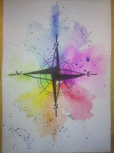 8.5x12 Colorful Compass watercolor painting abstract Southwest Wall Art Decor - Picture 1 of 6