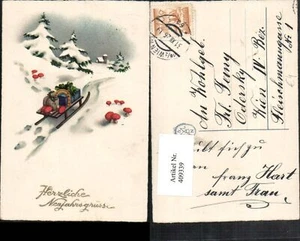409339,Künstler AK Neujahr Rodel Schlitten Pilze Hufeisen Klee - Picture 1 of 1