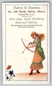 Naumann Victorian Trade Card, Girl w/ Bow & Arrow Syracuse, NY Goods & Clothing - Bild 1 von 2