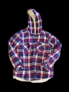 Boston Traders Jacket Womens Medium Purple Flannel Fleece Plaid Button Down Hood - Picture 1 of 7