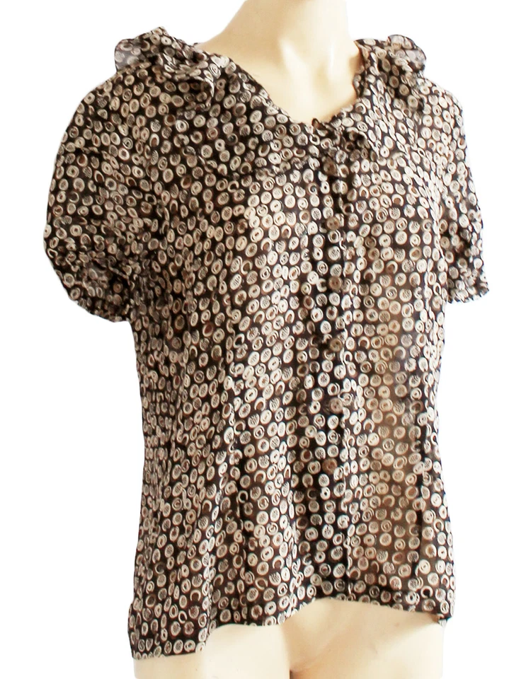 Frilly Semi-Trasparente Morbido Donna Camicia Taglia 12 S Tasto Giù Manica Corta - Immagine 1 di 3