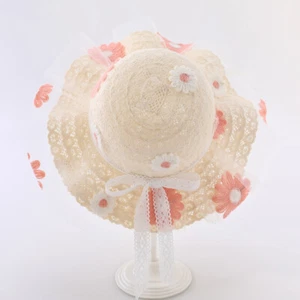 Baby Girls Straw Hat Floppy Wide Brim Sun Hat Lace Embroidered Beach Travel Cap - Picture 1 of 14