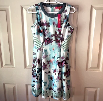 CATHERINE MALANDRINO SZ 2 Hope 连衣裙 天空 水彩 花卉 适合 闪耀 侧面 — 第 1/4 张图片