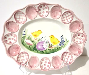 Italian Oval Hand Painted Deviled Egg Tray Easter Chicks Ceramic Made By Ancora - Picture 1 of 13