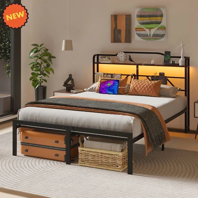 Marco De Cama Queen Size Base Plataforma de Metal Cabecera LED Habitacion NUEVO Foto 1 de 4