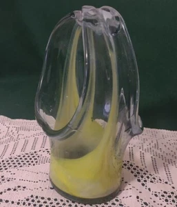 Yellow Murano Style Art Glass Basket / Vase - Hand Blown - Picture 1 of 9