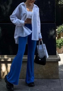 BNWT Blue Stretch ZARA Flare Leg High Waist Pull On Trousers M 10 - Picture 1 of 5