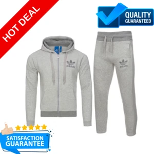 Mens Adidas Tracksuit Set Full Zip Hoodie Joggers Fleece Lined Grey - Picture 1 of 7
