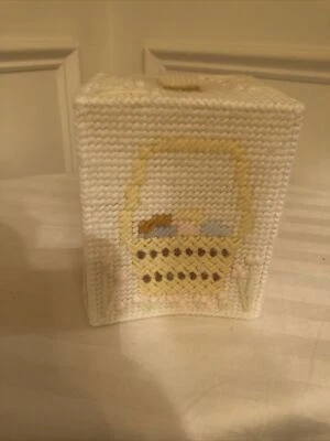 Vintage Needlepoint Tissue Box Cover Square Easter Basket With Eggs  Design Used - Image 1 of 4