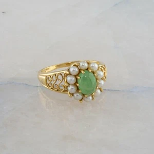 14K Yellow Gold Oval Jade Pearl Halo Filigree Ring Size 9 - Picture 1 of 9