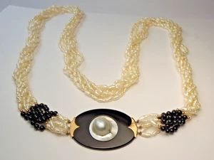14K Gelbgold Mabe Perle Onyx und Süßwasserperlen 33" geschichtete Perlenkette - Bild 1 von 24