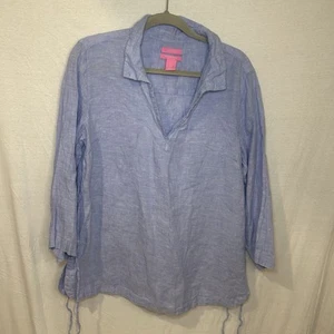 ISAAC MIZRAHI 100% Linen Blouse Popover Top Beachy Blue Women’s large Side Tie - Picture 1 of 8