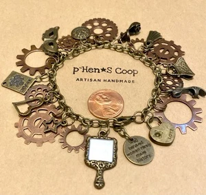 Charm Bracelet Steampunk Gears Mixed Media Altered Art Artisan 7-7.5” USA 2016 - Picture 1 of 8