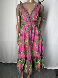 Farm Rio Womens Midi Dress Pink Green Size S Ana Tapestry Floral Plunge V-Neck - Picture 1 of 10