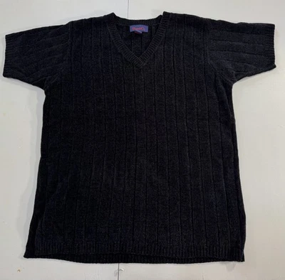 Denim & Co Blue  Ribbed Knit Short Sleeve Sweater Women's Large V Neck EUC - Image 1 of 4