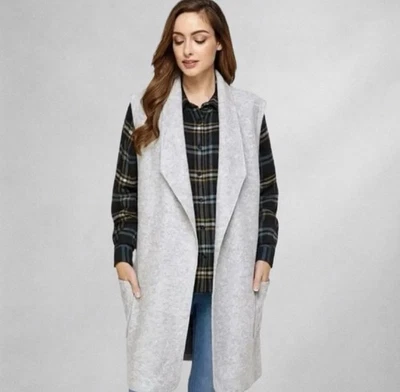 Chaleco Cárdigan Plumero Tahari Gris Frente Abierto Largo Mezcla Lana Con Bolsillos Talla Pequeña Foto 1 de 4