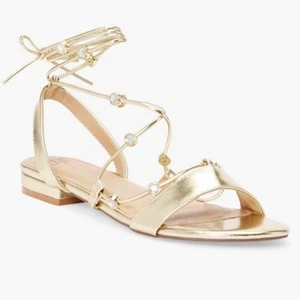 JustFab Dune Gladiator Sandals Women 8.5 Lace Up Greek Goddess Gold Rhinestones - Picture 1 of 10