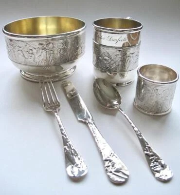 Tiffany Antique c1888 Child's Set - Bowl, Mug, Napkin Ring FK&S Childrens Parade - Изображение 1 из 4