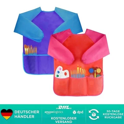 Amaza 2Pcs Malschürze Kinder Malkittel Bastelschürze 2-8 Jahre Langarm mit Kl...