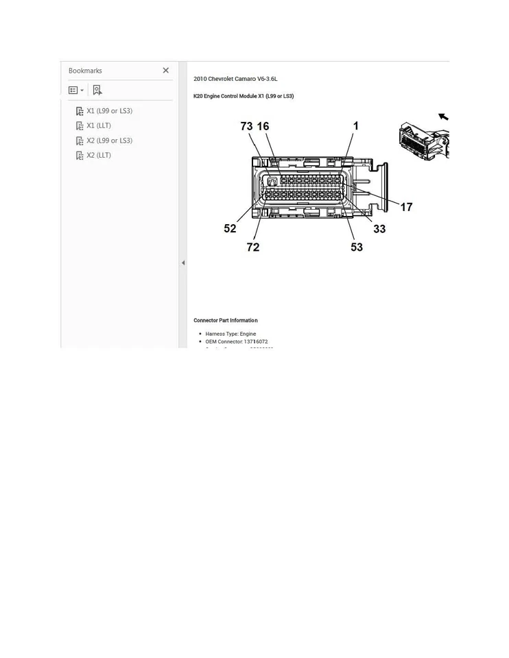 Chevrolet Camaro 2010 ECU Connector Pin-out (2 connectors)  V6 3.6L pdf - Image 1 of 1
