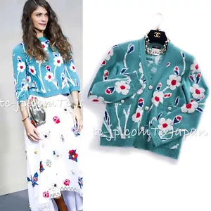 $4.1K CHANEL 15C Green Turquoise Flower Cashmere Knit Cardigan by Karl 36 38 40 - Picture 1 of 17