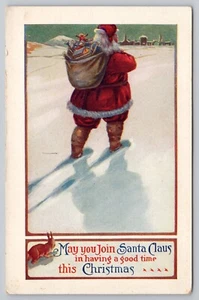 Christmas Santa Winsch Back 1910s Delivering Toys Snow Hare Red Coat Postcard - Picture 1 of 4