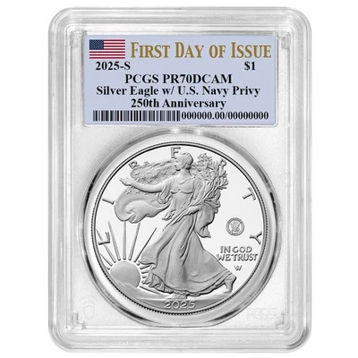 Etiqueta de bandeira 2025-S Proof $1 American Silver Eagle Navy Privy PCGS PR70DCAM FDOI - Imagem 1 de 3