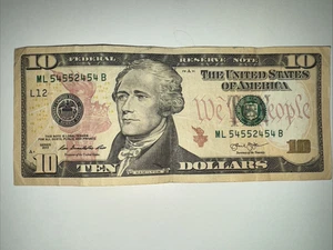 Rare $10 Dollar Bill Banknote Series 2013 Fancy Serial Number Trinary 54552454 - Picture 1 of 3