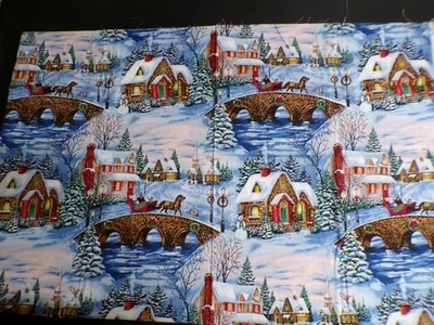 57" Blank Quilting Scenic Victorian Christmas Cottage Bridge Houses Church - Image 1 of 3