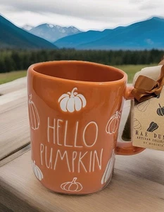 NEW 2025 Rae Dunn "Hello Pumpkin" Dark Orange Fall Thanksgiving Coffee Mug AOP - Picture 1 of 6