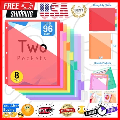 96 Count 8 Tab Binder Dividers with Dual Pockets for Organized Documents - Image 1 of 4