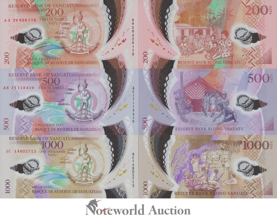 VANUATU Set 3 pcs - 200 500 1000 Vatu 2014 2017 2020 P 12 13 18 Polymer UNC - Image 1 of 3