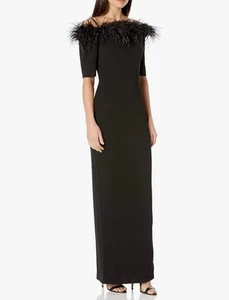 Calvin Klein Women's Off Shoulder Black Long Dress Feather Trim Size 6 NWT - Picture 1 of 2