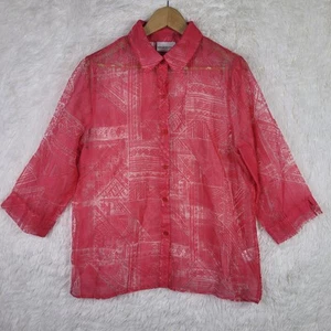 Alfred Dunner Women 12 Pink Sheer Jacquard 3/4 Button Up Blouse Abstract - Picture 1 of 8