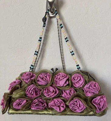 De colección Mujer Satén Rosa Verde Bolso de Mano Cartera Cuentas Hada Caprichosa Coqueta Rosa Cuentas Foto 1 de 4