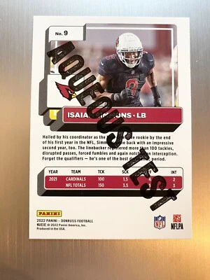 Isaiah Simmons 2022 Panini Donruss #9 Aqueous Test SP Arizona Cardinals - Image 1 of 2
