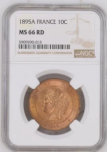 France FDC: full RED GEM BU 10 centimes Cérès 1895 A NGC MS66RD top pop - Picture 1 of 2