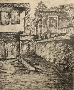 Vintage Original Kohlezeichnung Landschaft Dorf Szene - Bild 1 von 12