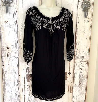 Lucky Brand Size Small Womans Black Ivory Embroidered Smocked Shift Casual Dress - Image 1 of 4
