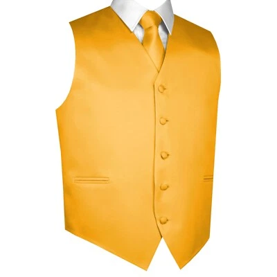 MEN'S GOLD SATIN TUXEDO VEST, TIE & HANKIE SET. Wedding, Formal, Prom, Dress - Image 1 of 3