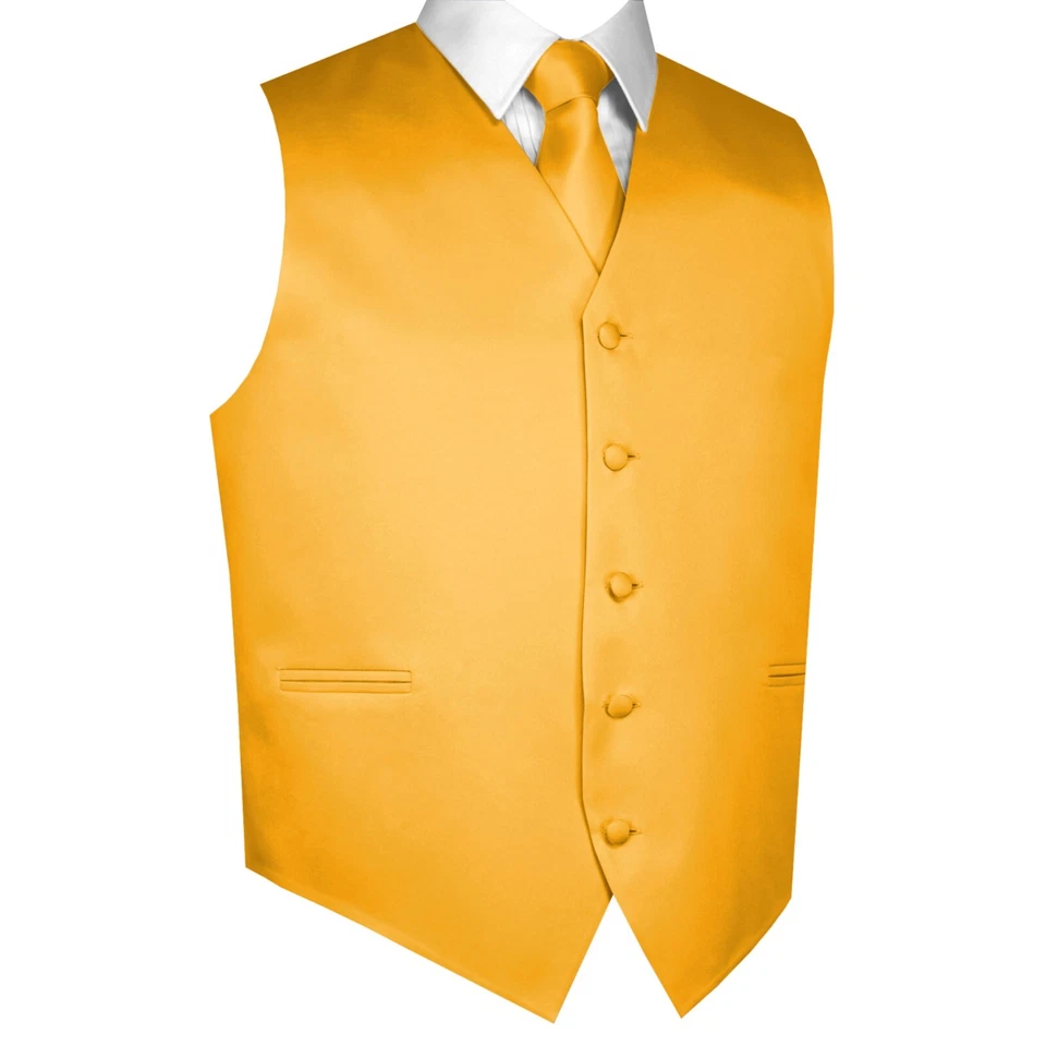 MEN'S GOLD SATIN TUXEDO VEST, TIE & HANKIE SET. Wedding, Formal, Prom, Dress - Image 1 of 3