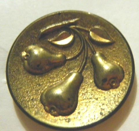 Antique picture button brass with 3 pears on branch size 1.1/8" Cover