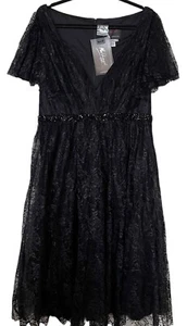 Mac Duggal Lace V-Neck Beaded Tea Length Midi Cocktail Dress Black Size 14W - Picture 1 of 15