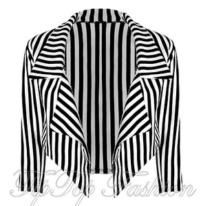 Chaqueta Blazer Prenda para Mujer Blanco y Negro a Rayas Verticales Mangas 3/4 Cascada Recortada - Imagen 1 de 5