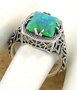 DECO ANTIQUE STYLE 925 SOLID STERLING SILVER LAB-CREATED GREEN OPAL RING #897 - Picture 1 of 4