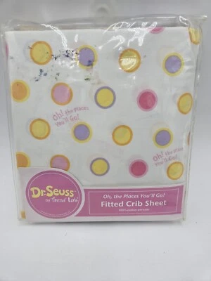 New Dr Suess Trend Lab Baby Crib Sheet "Oh The Places Youll Go" Pink Yellow - Image 1 of 4