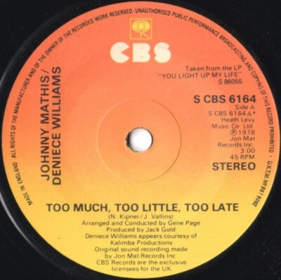 Johnny Mathis / Deniece Williams - Too Much, Too Little, Too Late 7", Single Ver - Image 1 of 4