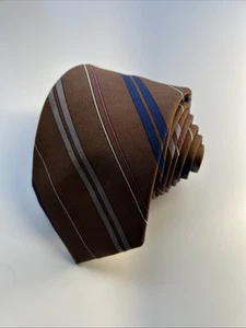 Saks Fifth Avenue Vintage Silk Tie, Brown With Blue, Gray, Rose & Ivory Stripes - Picture 1 of 8