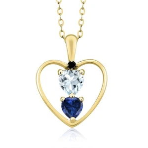 18K Yellow Gold Plated Silver Aquamarine Created Sapphire and Black Diamond - Picture 1 of 3