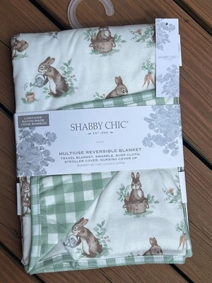 Shabby Chic Travel Baby Blanket Reversible Bunny Rabbit Green White Plaid New - Изображение 1 из 4
